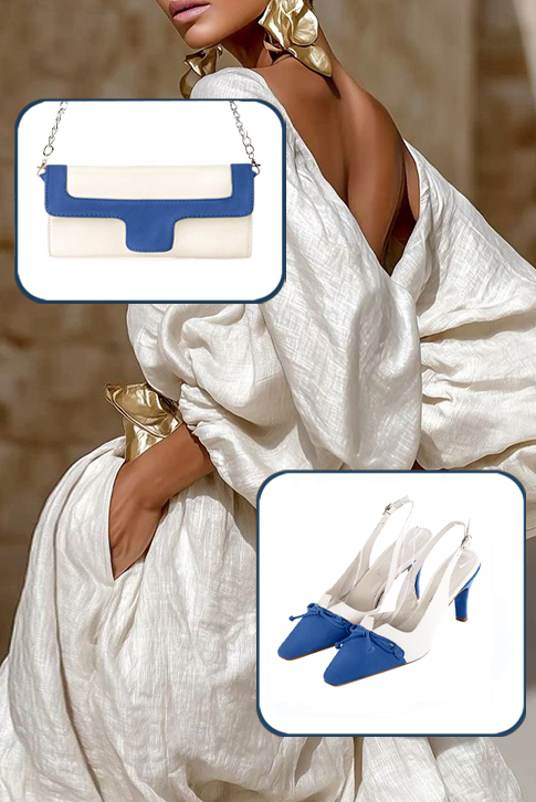 Dress slingback bow heels in electric blue and pure white leather with high slim heels and tapered toe - Worn view